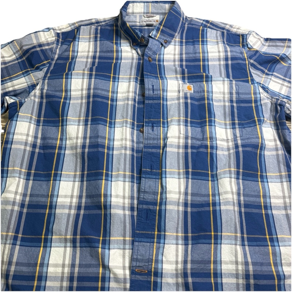 Carhartt‎ Men's XL Short Sleeve Button Up Blue Plaid Farmer Country Workwear